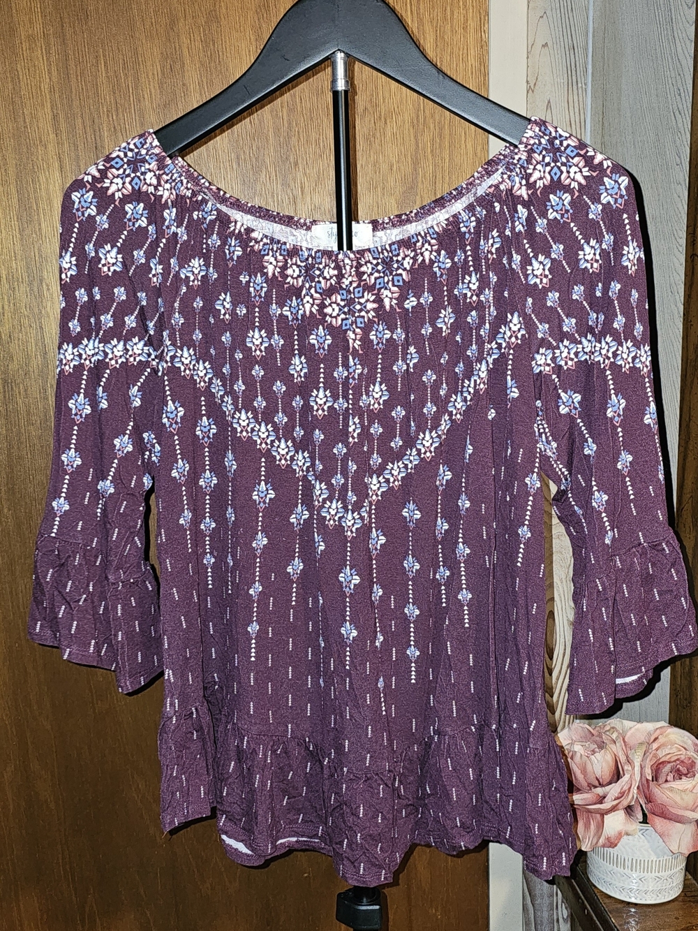 Style & Co. Plum Floral Peasant Petite Blouse